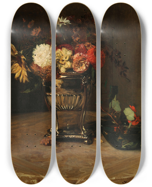 Triptych art skateboard deck of Jacquesmile Blanche Dahlias Et Capucines Lurne Dargent_1 by Jacques-mile Blanche (1861-1942)