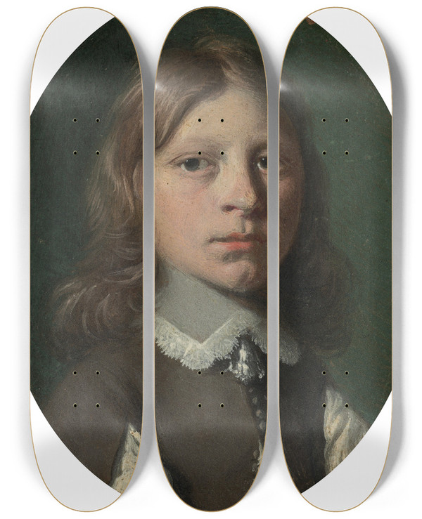 Triptych art skateboard deck of Jan De Bray Head Of A Young Boy by Jan de Bray (1622-1697)