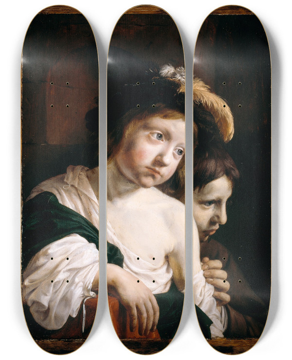 Triptych art skateboard deck of Jan De Bray A Group Of Two Boys by Jan de Bray (1622-1697)