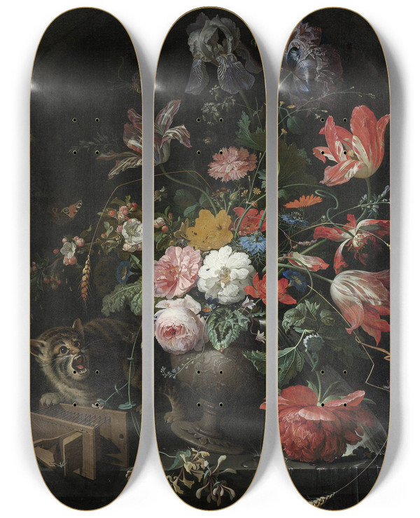 Triptych art skateboard deck of Abraham Mignon The Overturned Bouquet by Abraham Mignon (1640-1679)