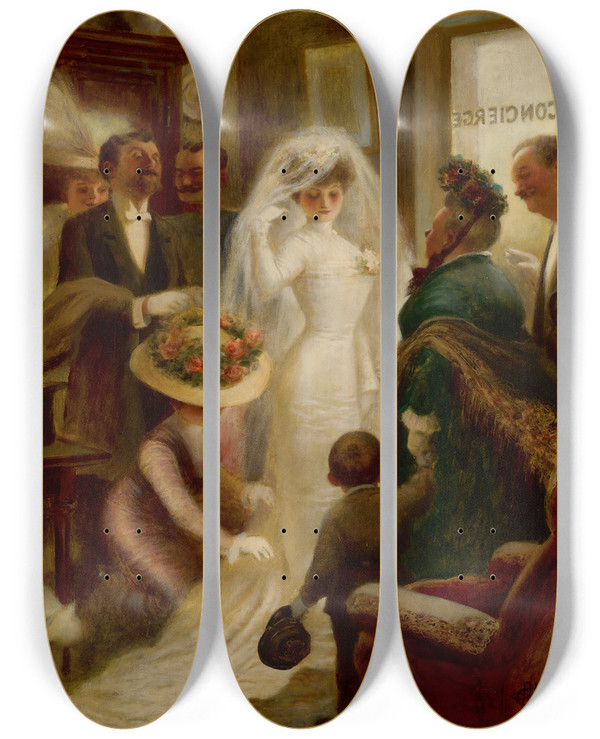 Triptych art skateboard deck of Albert Guillaume Wedding Day by Albert Guillaume (1873-1942)