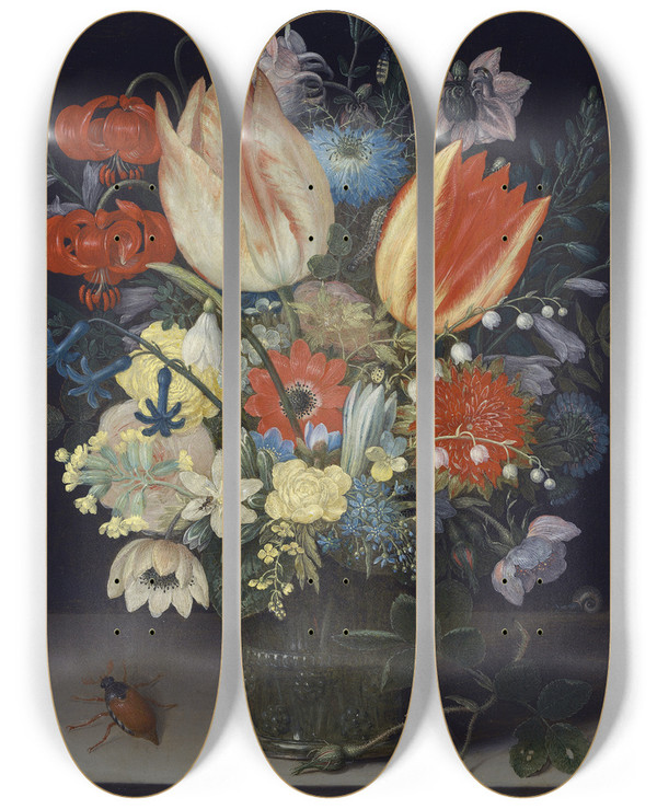 Triptych art skateboard deck of Peter Binoit Still Life With Tulips by Peter Binoit (1590-1632)