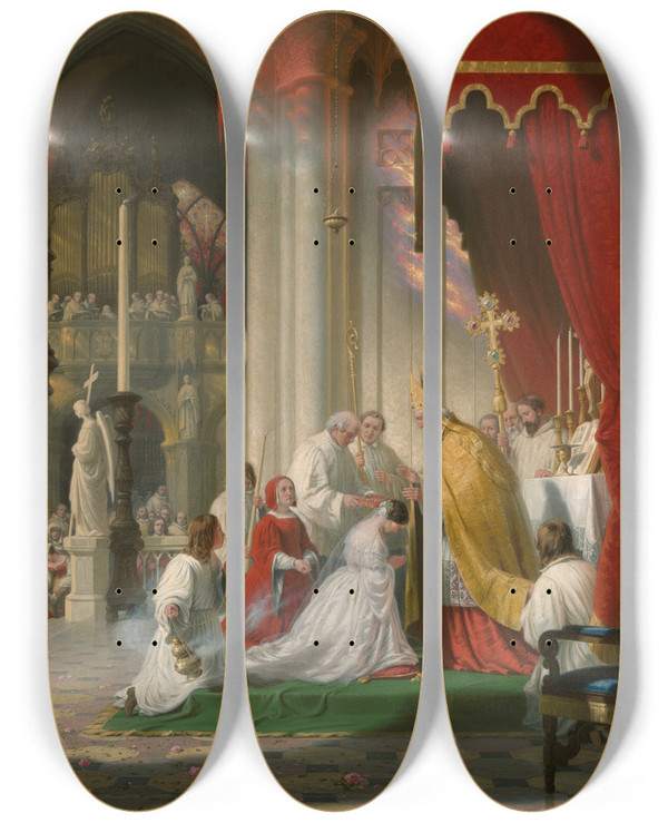 Triptych art skateboard deck of Robert Walter Weir Taking Theveil by Robert Walter Weir (1803-1889)