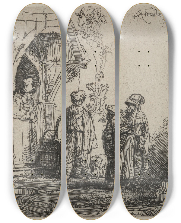 Triptych art skateboard deck of Rembrandt Van Rijn Three Oriental Figures by Rembrandt Van Rijn (1606-1669)