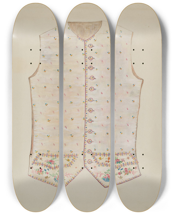 Triptych art skateboard deck of Ann Gene Buckley Waistcoat by Ann Gene Buckley