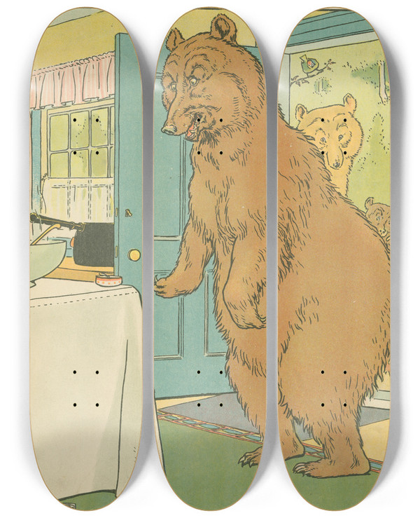 Triptych art skateboard deck of Leonard Leslie Brooke The Bears Return Home by Leonard Leslie Brooke (1862-1940)