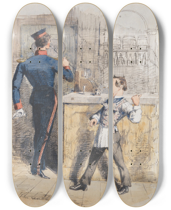 Triptych art skateboard deck of John Leech Pot Valiant Scene In A Taproom by John Leech (1817-1864)