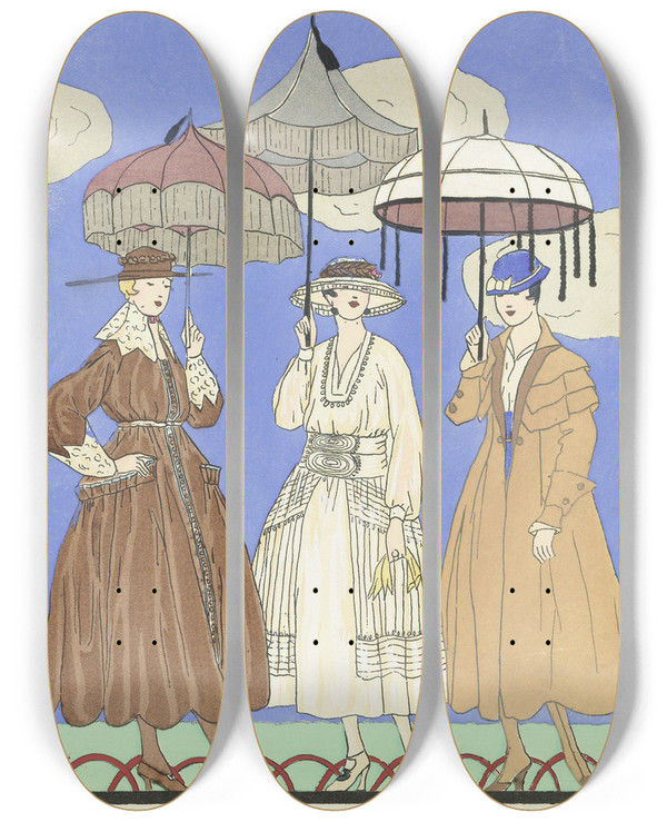 Triptych art skateboard deck of Jan Van Brock Three Parasols by Jan Van Brock (19-20-)