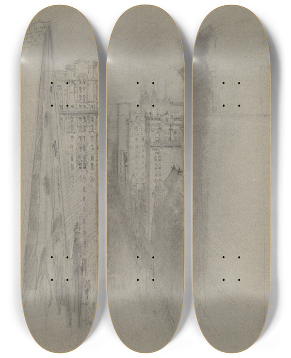 Triptych art skateboard deck of Stanford White North On Broadway From Trinity Church by Stanford White (1853-1906)