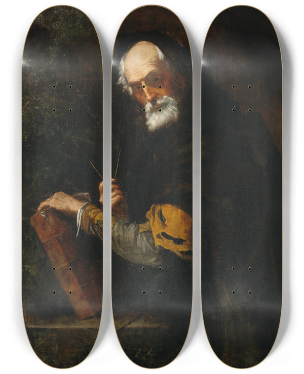 Triptych art skateboard deck of Circle Of Jusepe De Ribera A Philosopher by Circle of Jusepe de Ribera (1591-1652)