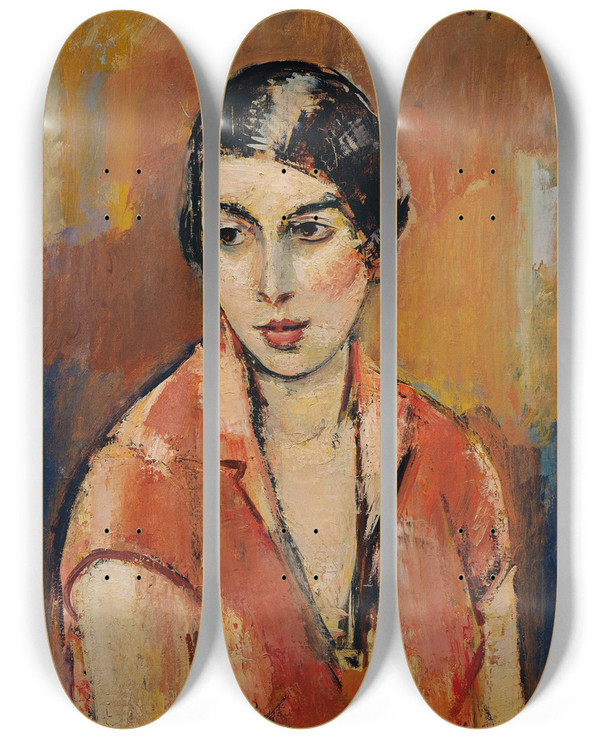 Triptych art skateboard deck of Anton Faistauer Junge Frau Im Rosa Kleid by Anton Faistauer (1887-1930)