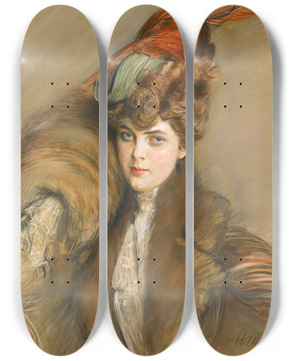Triptych art skateboard deck of Paul Csar Helleu Lady In A Feather Hat by Paul Cesar Helleu (1859-1927)