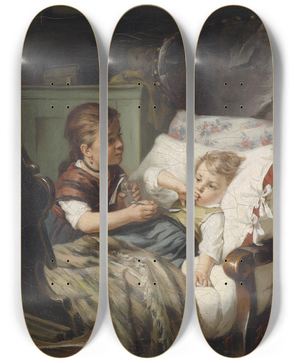 Triptych art skateboard deck of August Mller Die Medizin by August Muller (1836-1885)
