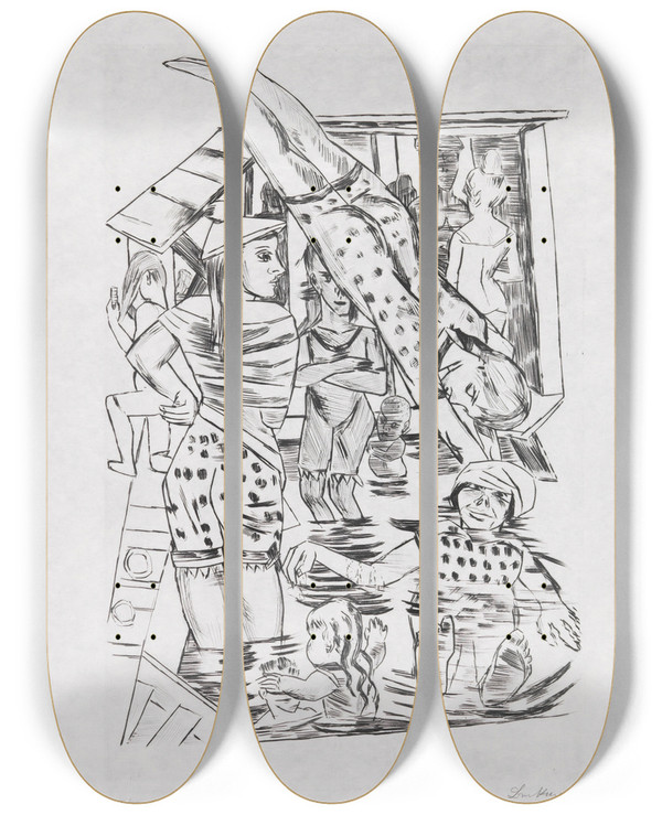 Triptych art skateboard deck of Max Beckmann Frauenbad by Max Beckmann (1884-1950)