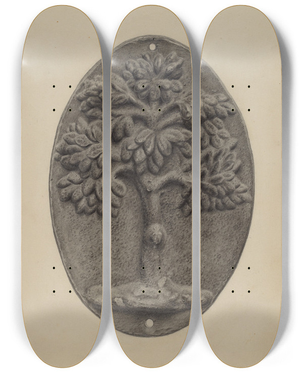 Triptych art skateboard deck of Milton Grubstein Firemark by Milton Grubstein