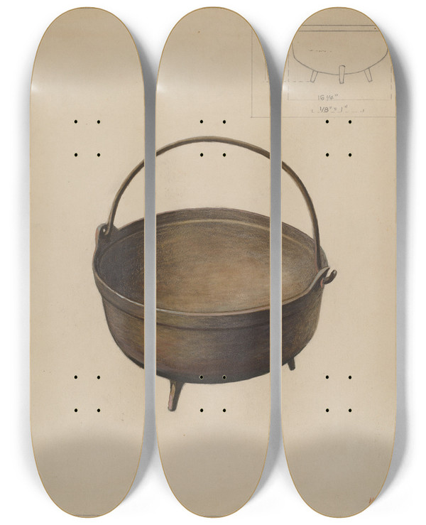 Triptych art skateboard deck of Hugh Clarke Fireplace Kettle by Hugh Clarke