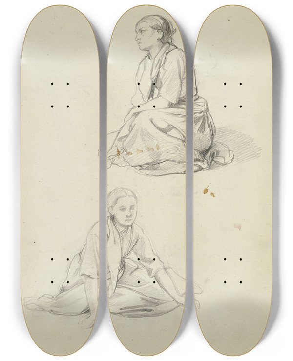 Triptych art skateboard deck of Jakob Becker Studienblatt Auf Der Erde Sitzende Frau_2 by Jakob Becker (1810-1872)