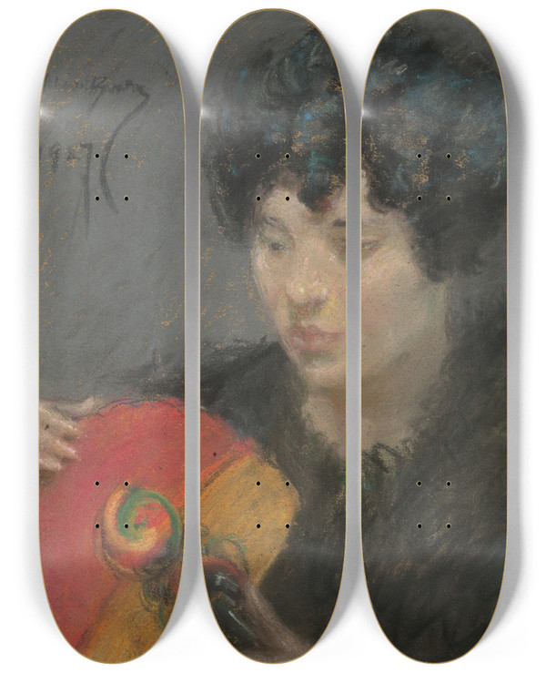 Triptych art skateboard deck of Alice Pike Barney Study With Fan by Alice Pike Barney (1857-1931)