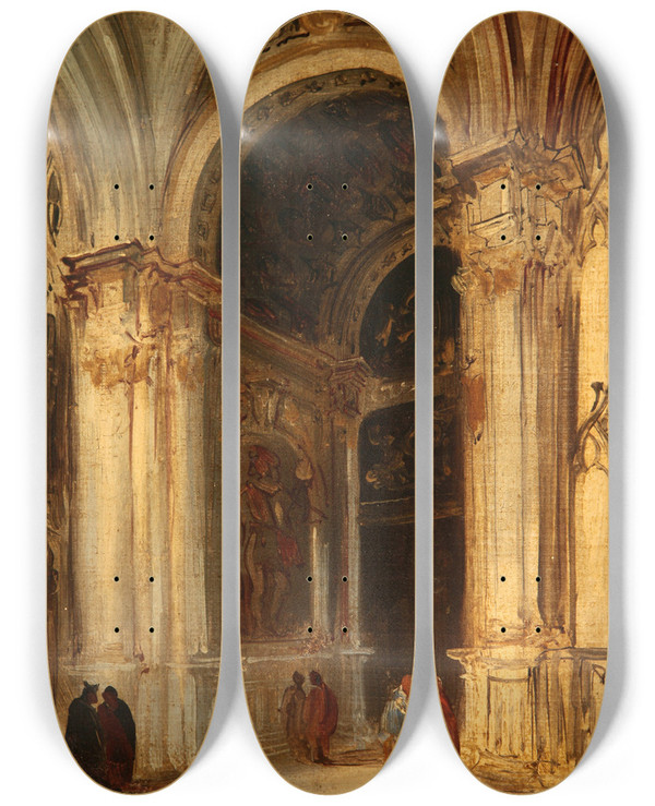 Triptych art skateboard deck of Genaro Prez Villaamil Interior De Iglesia_2 by Genaro Perez Villaamil (1807-1854)