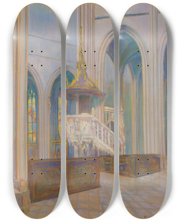 Triptych art skateboard deck of Kontantn Bauer Katedrla by Konstantin Bauer (1893-1928)