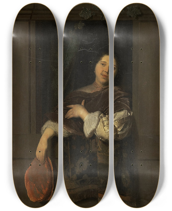 Triptych art skateboard deck of Jacob Ochtervelt Cavalier At An Open Window by Jacob Ochtervelt (1634-1682)
