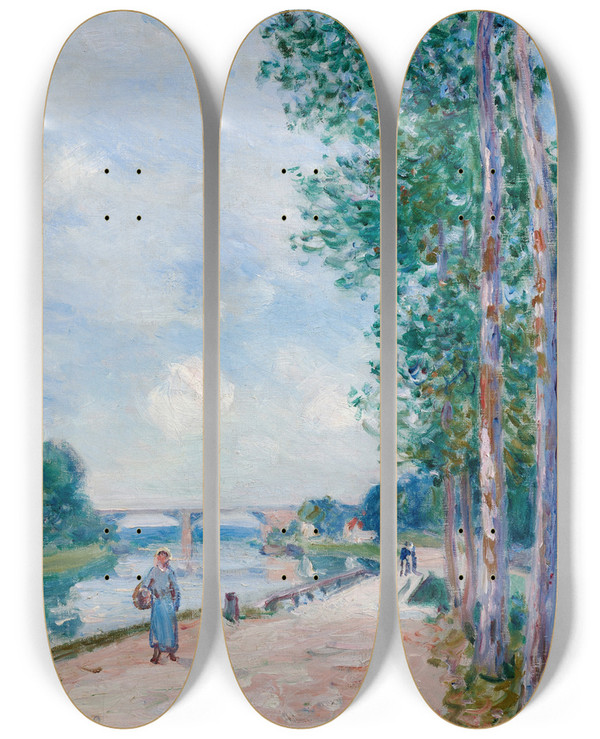Triptych art skateboard deck of Alfred Sisley Les Bords Du Loing Prs De Moret by Alfred Sisley (1840-1899)