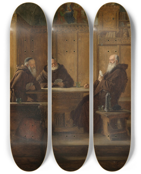 Triptych art skateboard deck of Eduard Von Grtzner Das Kartenspiel by Eduard Von Grutzner (1848-1925)