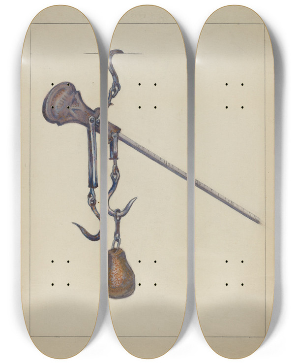 Triptych art skateboard deck of Broda Scales by Broda