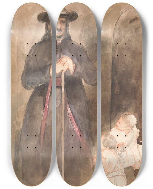 Triptych art skateboard deck of Sir David Wilkie A Priest With Two Children by Sir David Wilkie (1785-1841)