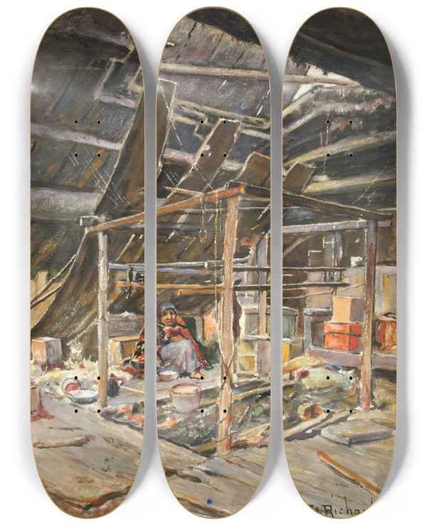 Triptych art skateboard deck of Theodore J Richardson Native Interior by Theodore J Richardson (1855-1914)