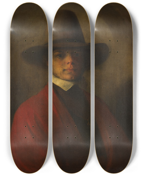 Triptych art skateboard deck of Barent Fabritius Selfportrait by Barent Fabritius (1624-1673)