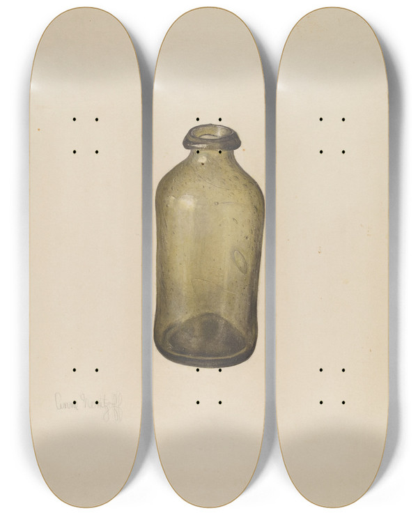 Triptych art skateboard deck of Anne Nemtzoff Shoe Blacking Bottle by Anne Nemtzoff