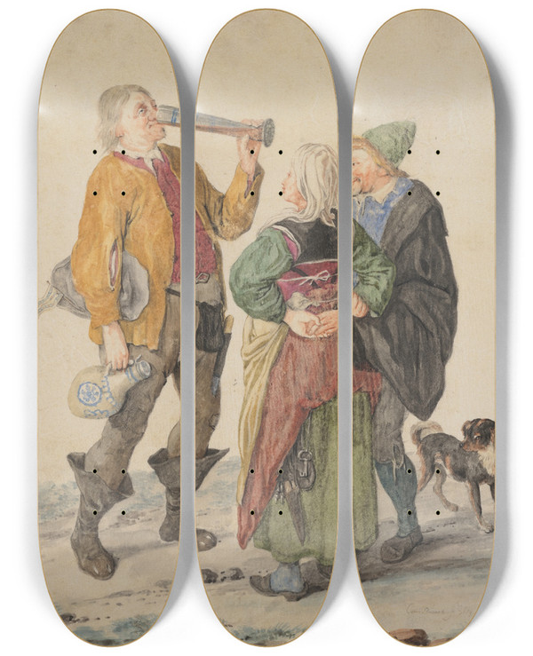 Triptych art skateboard deck of Cornelis Dusart Peasant Couple With A Drinker by Cornelis Dusart (1660-1704)