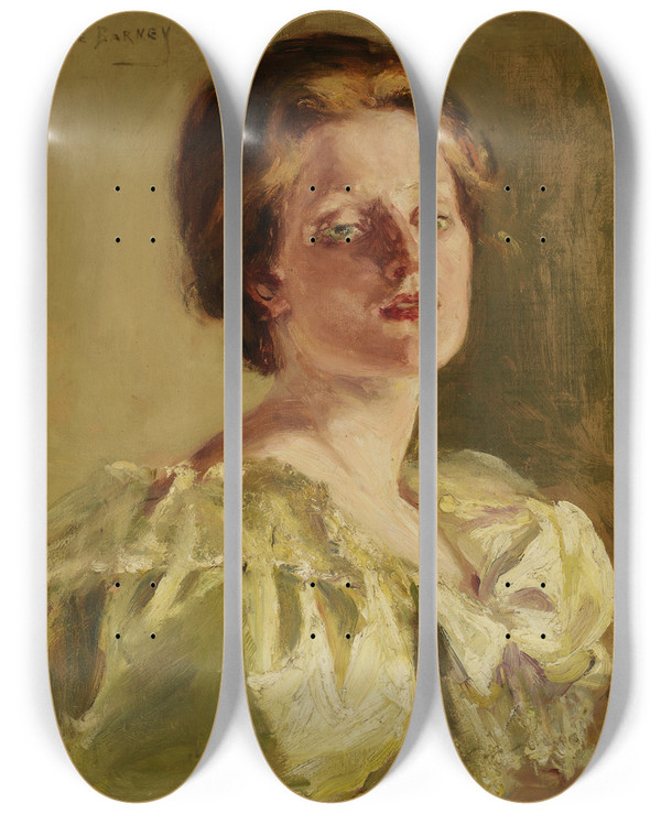 Triptych art skateboard deck of Alice Pike Barney Study In Auburn by Alice Pike Barney (1857-1931)