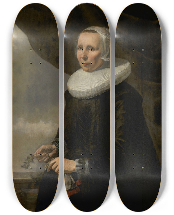 Triptych art skateboard deck of Caesar Van Everdingen Portret Van Aechje Claesdr Moer 15851640 by Caesar Van Everdingen (1617-1678)