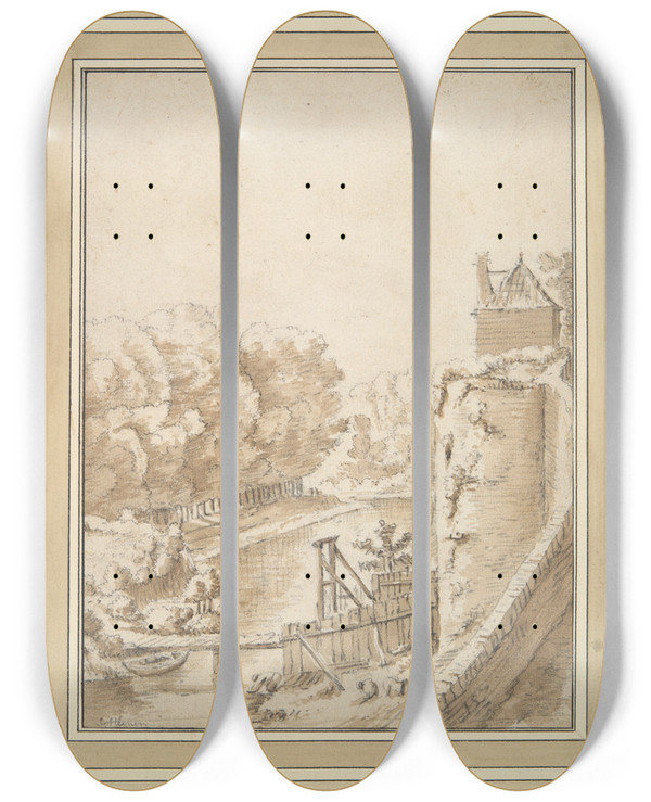 Triptych art skateboard deck of Herman Saftleven A Moat Near Acastle by Herman Saftleven (1609-1685)