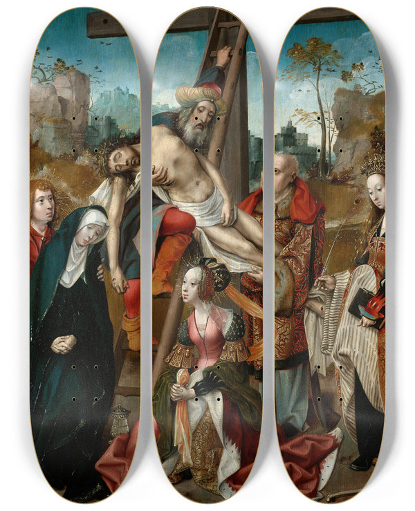 Triptych art skateboard deck of Cornelis Engebrechtsz Thedeposition by Cornelis Engebrechtsz (1461-1527)
