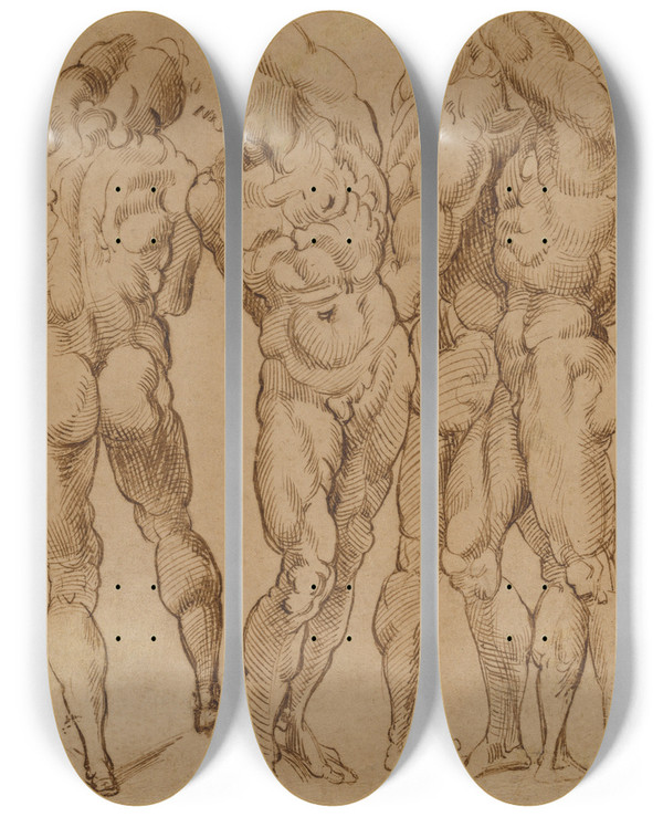 Triptych art skateboard deck of Bartolomeo Passarotti Nude Studies by Bartolomeo Passarotti (1529-1592)