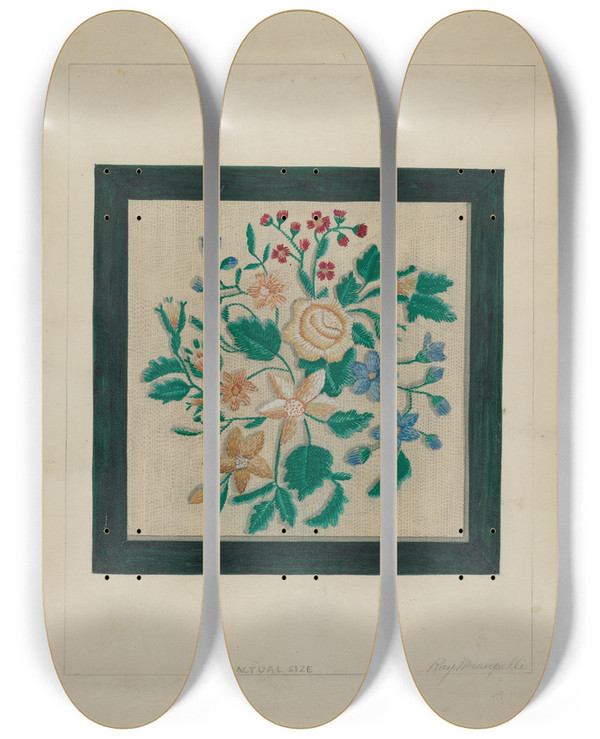 Triptych art skateboard deck of Raymond Manupelli Embroidery Piece by Raymond Manupelli