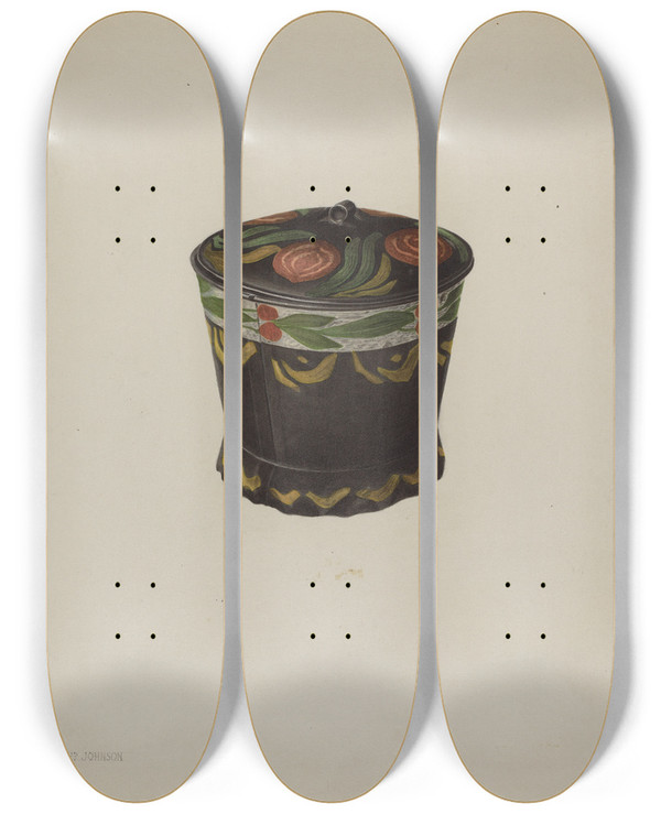Triptych art skateboard deck of Philip Johnson Toleware Sugar Bowl by Philip Johnson