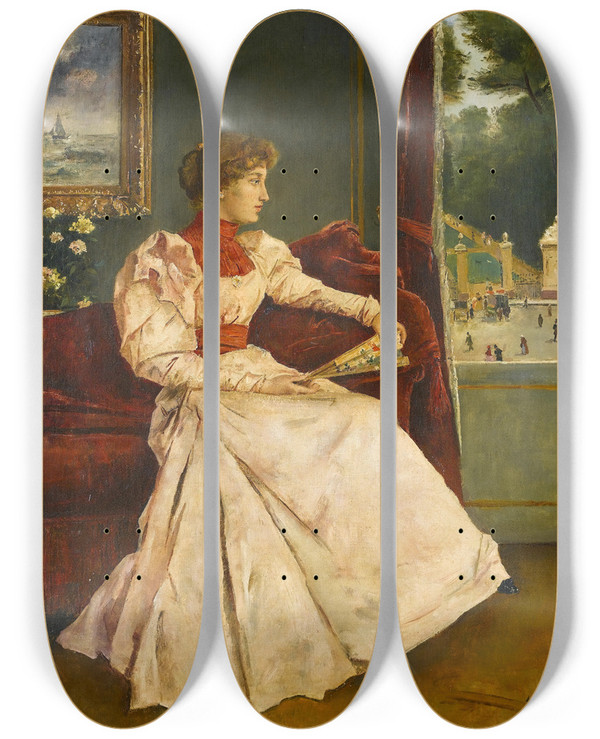 Triptych art skateboard deck of Alfred Stevens Chez Soi by Alfred Stevens (1817-1875)