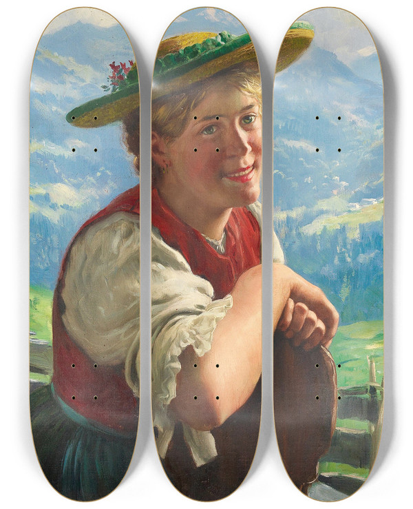 Triptych art skateboard deck of Emil Rau Young Lass Smiling by Emil Rau (1858-1937)