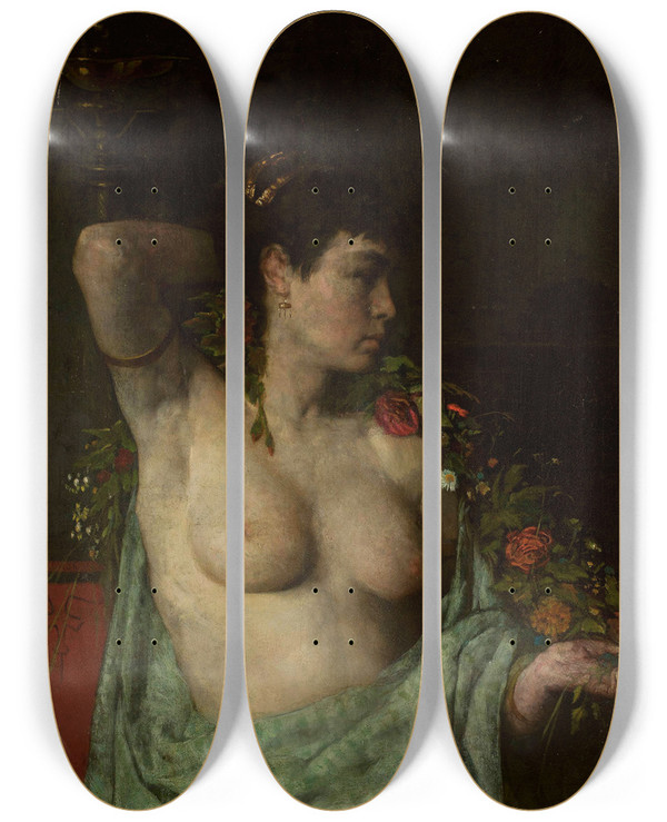 Triptych art skateboard deck of Henryk Pitkowski Maenad Female Seminude by Henryk Piatkowski (1853-1932)