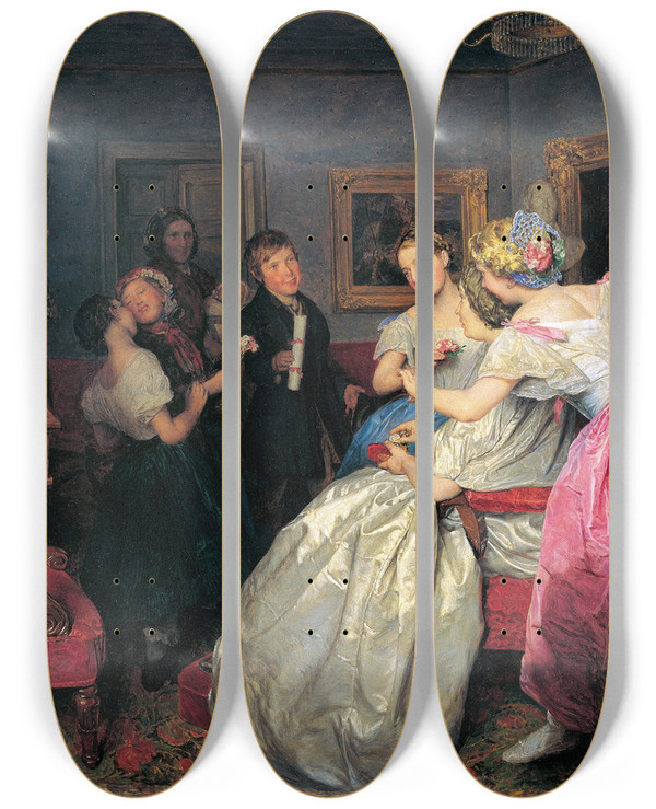 Triptych art skateboard deck of Ferdinand Georg Waldmller Poor Congratulations by Ferdinand Georg Waldmuller (1793-1865)