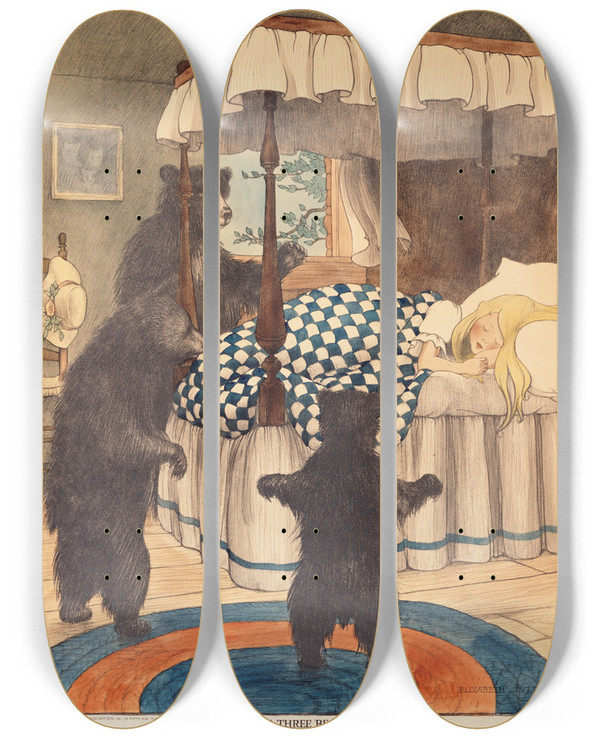 Triptych art skateboard deck of Elizabeth Tyler Wolcott The Three Bears by Elizabeth Tyler Wolcott (1892-1952)