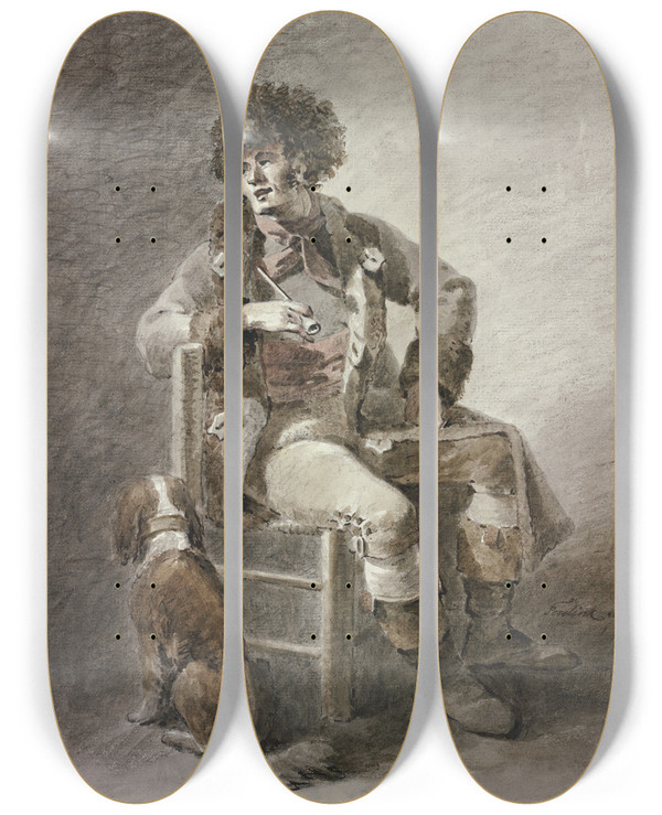 Triptych art skateboard deck of Abraham Teerlink Auf Einem Stuhl Sitzt Ein Mann Die Pfeife In Der Hand Dabei Ein Hund by Abraham Teerlink (1776-1857)