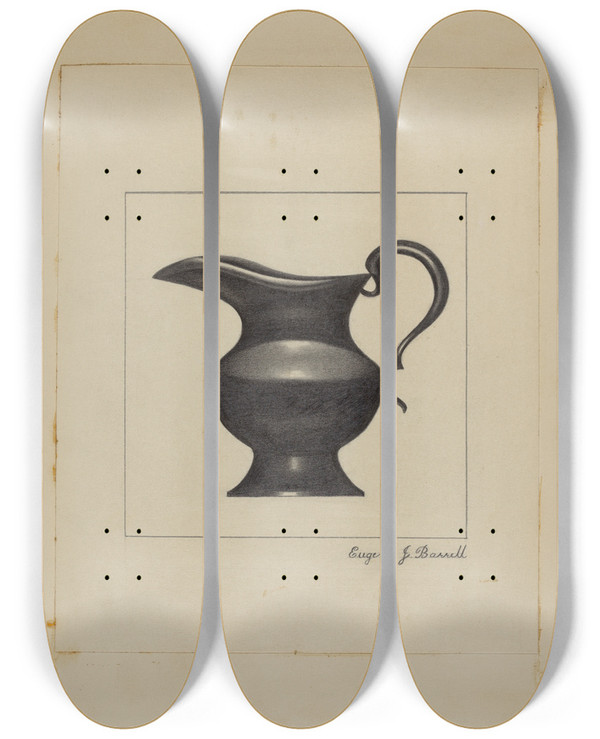 Triptych art skateboard deck of Eugene Barrell Pewter Pitcher by Eugene Barrell