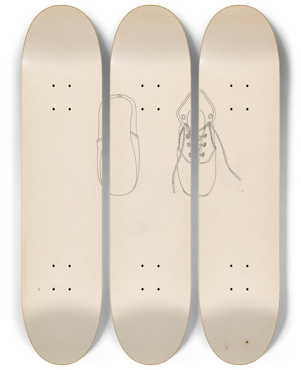 Triptych art skateboard deck of Mae A Clarke Baby Shoe by Mae A Clarke