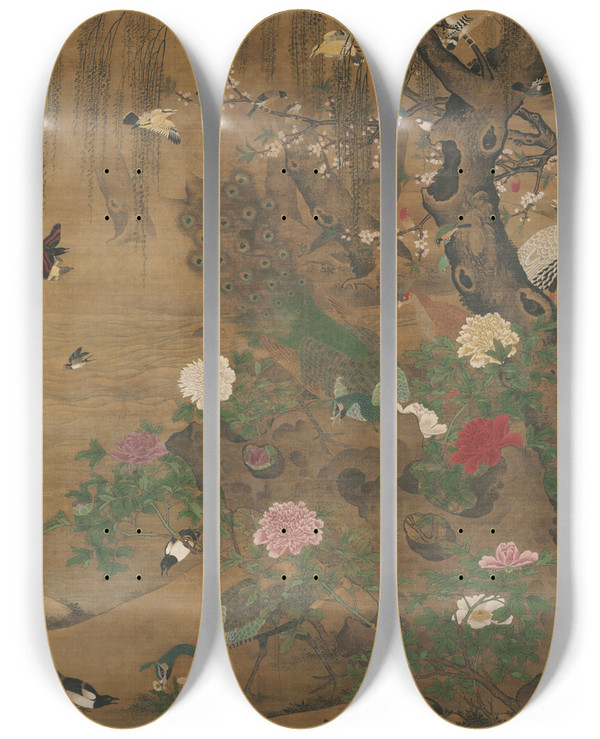 Triptych art skateboard deck of Yin Hong Birds Gather Under The Spring Willow by Yin Hong (1430-1500)
