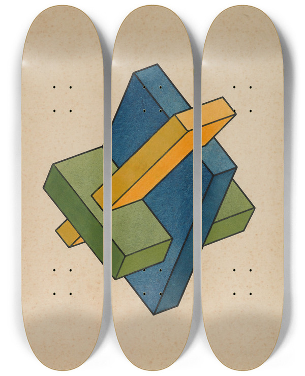 Triptych art skateboard deck of Yakov Chernikhov Geometric Composition_1 by Yakov Chernikhov (1889-1951)
